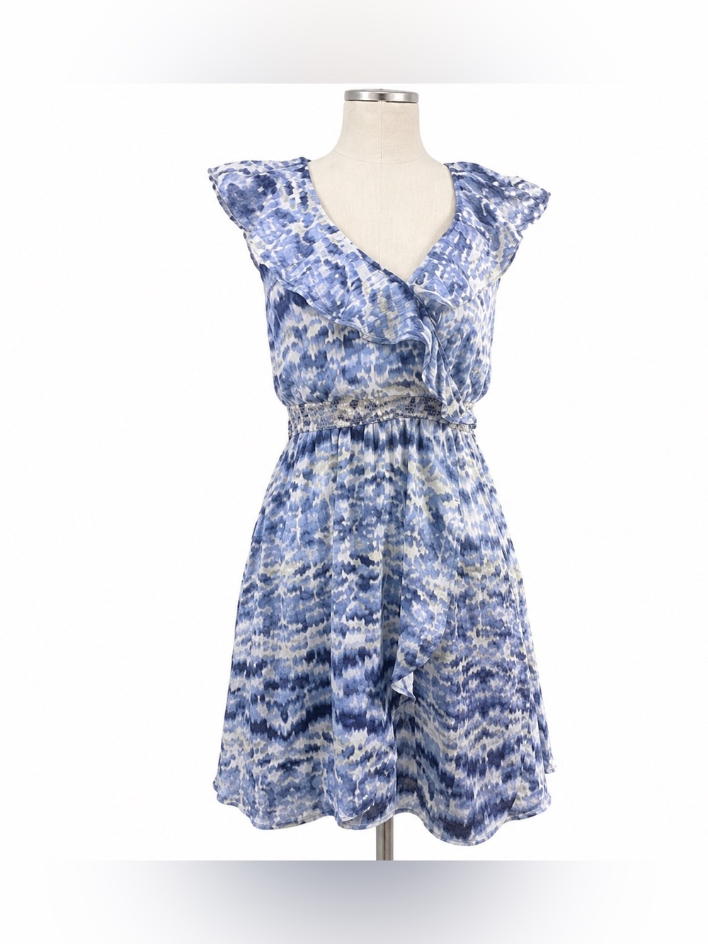 BCBGeneration Blue Faux Wrap Dress XS Ruffle Sleeveless Tie Dye Pockets Boho